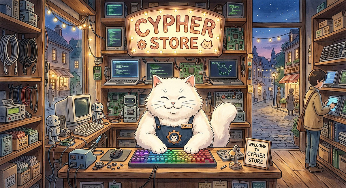 The Cypher Store: a cat shopkeeper behind a counter of machines