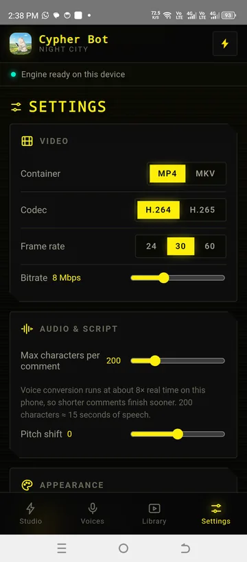 Container, codec, frame rate and bitrate