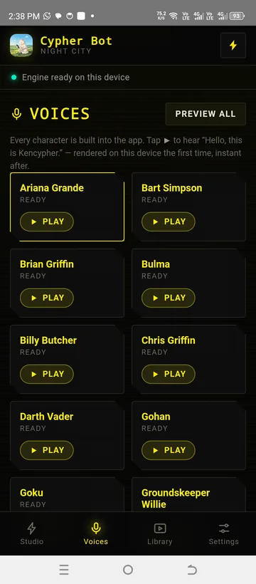 The character voice library, each with a preview