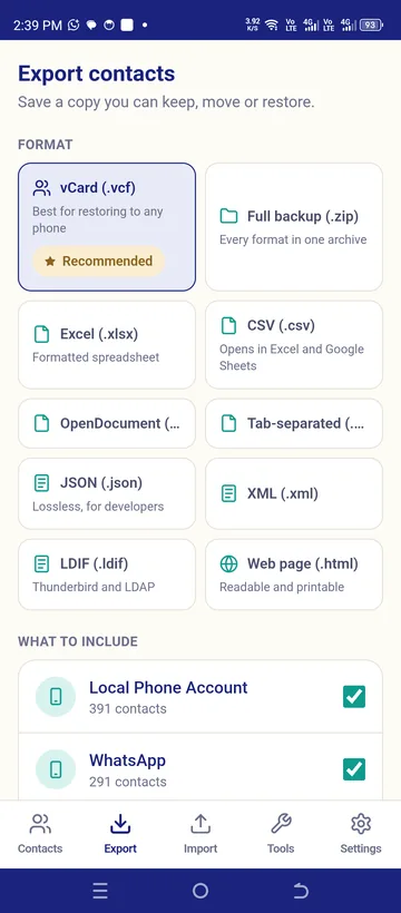Export formats, and which accounts to include