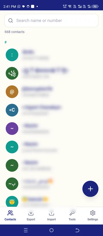 The address book (names and numbers blurred for privacy)