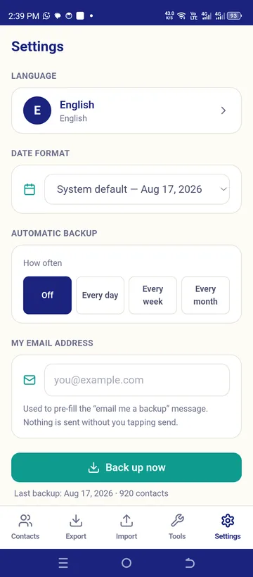 Language, date format and automatic backups