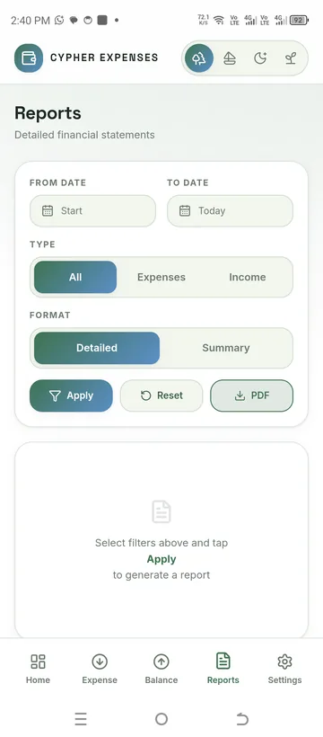 Report filters and PDF export