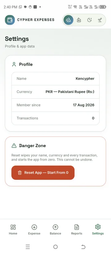 Profile, currency and reset