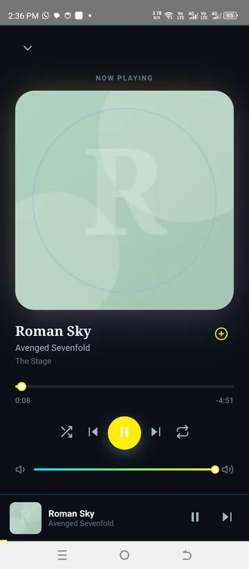 Now playing, with shuffle, repeat and volume