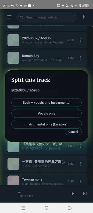 Splitting a track into vocals and instrumental