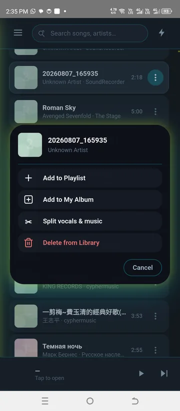 Per-track actions, including the split