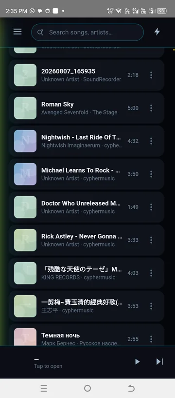 The song library, scanned from device storage