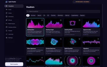 The app screen: thirty visualizers, searchable by style