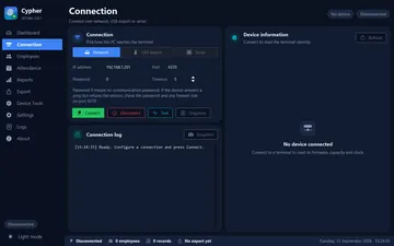 Network, USB export or serial, with a live connection log